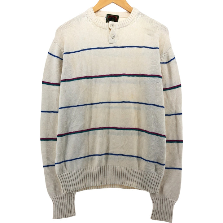 BOSTON TRADER Striped Pattern Henley Neck Cotton Knit Sweater Men's Size L cotton white type Vintage Second Hand