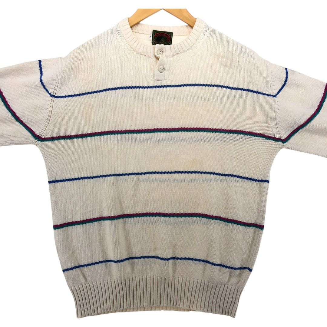 BOSTON TRADER Striped Pattern Henley Neck Cotton Knit Sweater Men's Size L cotton white type Vintage Second Hand