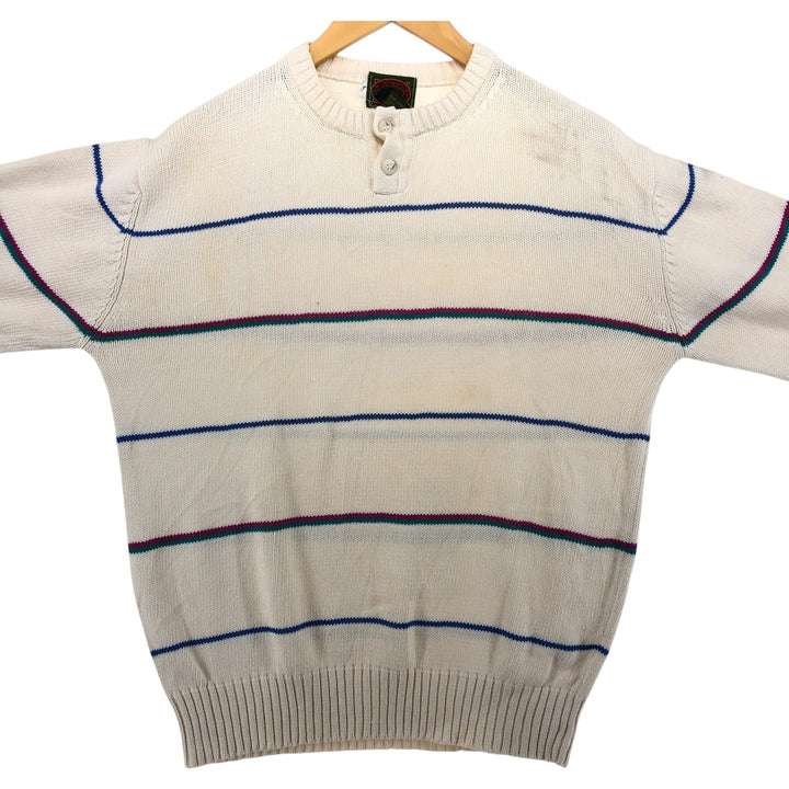 BOSTON TRADER Striped Pattern Henley Neck Cotton Knit Sweater Men's Size L cotton white type Vintage Second Hand