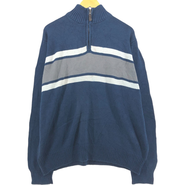 Eddie Bauer Cotton Knit Half Zip Sweater with Stripes, Men's Size XL cotton navy blue type Vintage Second Hand