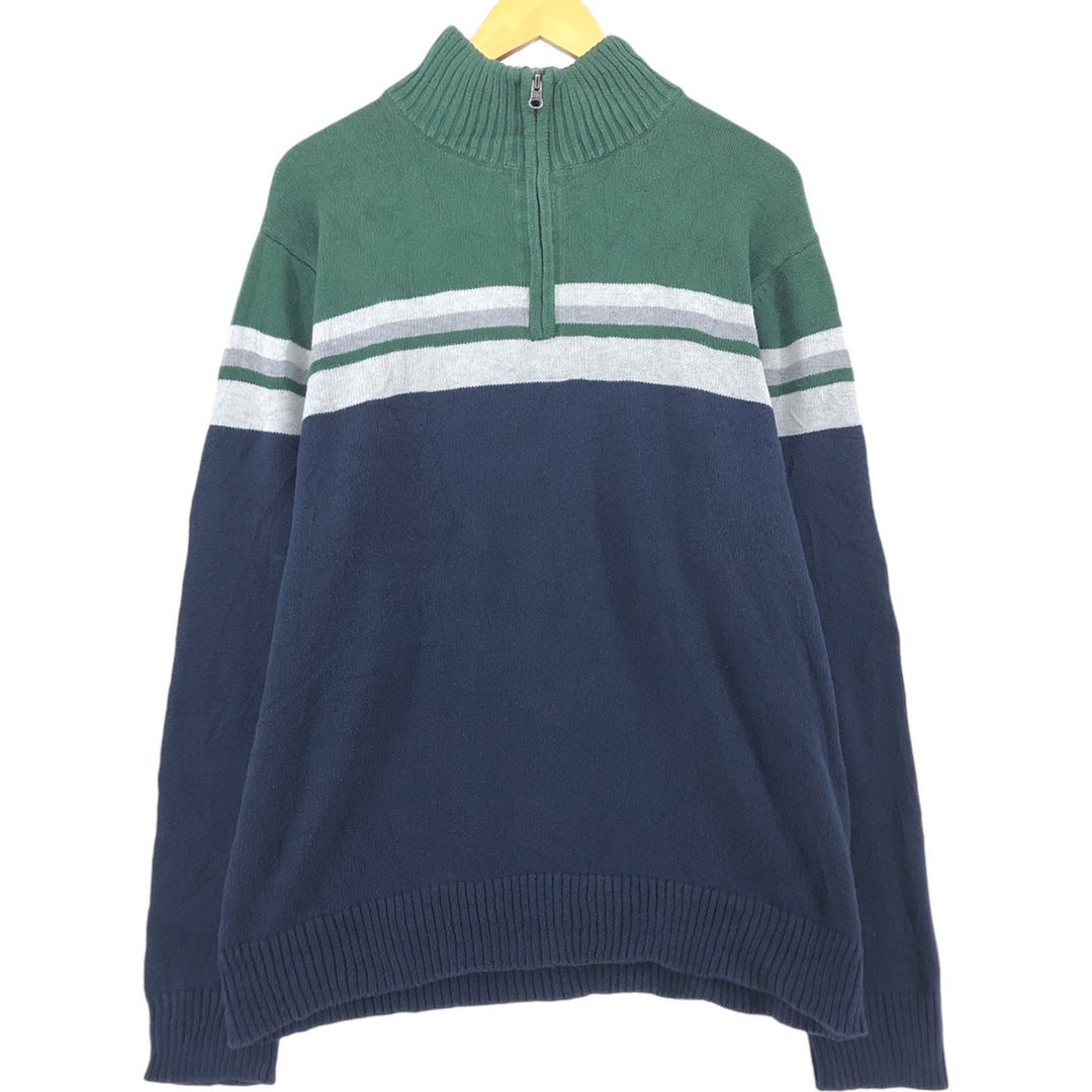 Eddie Bauer Striped Pattern Cotton Knit Half Zip Sweater, Men's Size L cotton navy blue type Vintage Second Hand