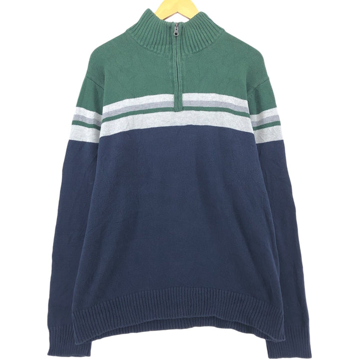 Eddie Bauer Striped Pattern Cotton Knit Half Zip Sweater, Men's Size L cotton navy blue type Vintage Second Hand