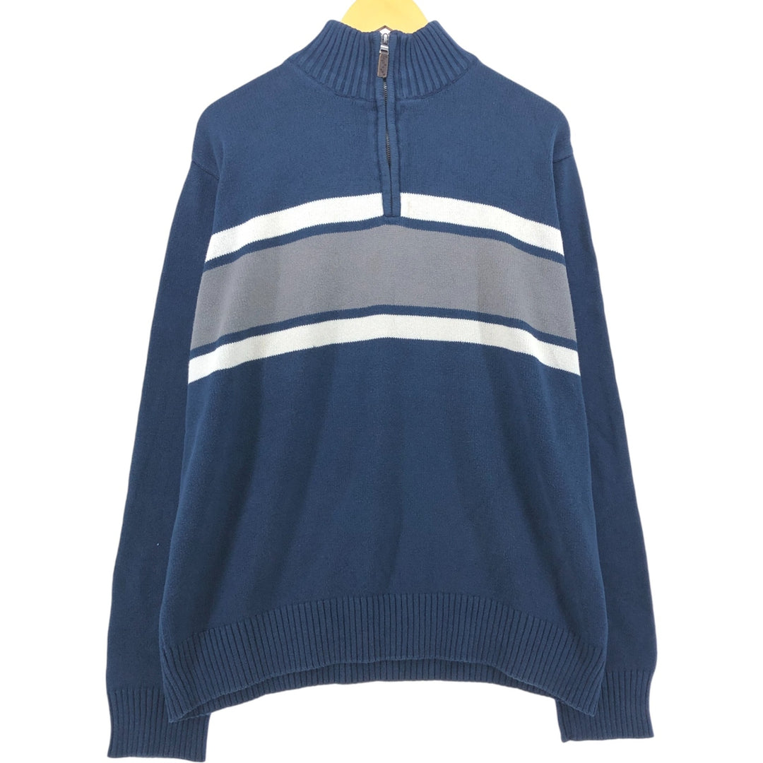 Eddie Bauer Cotton Knit Half Zip Sweater with Stripes, Men's Size XL cotton navy blue type Vintage Second Hand