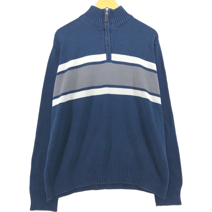 Eddie Bauer Cotton Knit Half Zip Sweater with Stripes, Men's Size XL cotton navy blue type Vintage Second Hand