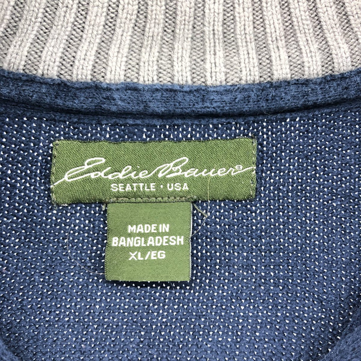 Eddie Bauer Cotton Knit Half Zip Sweater with Stripes, Men's Size XL cotton navy blue type Vintage Second Hand