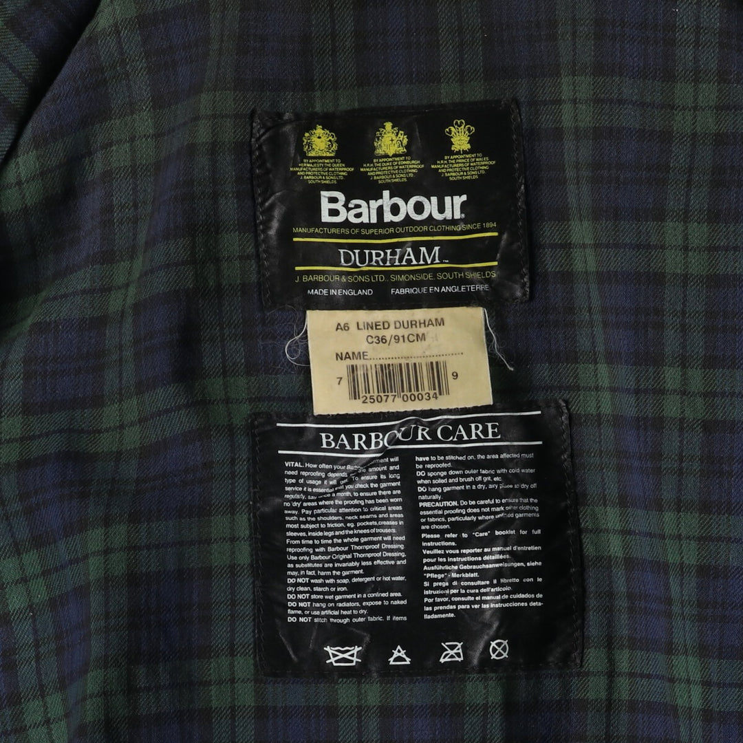 90'S Barbour Durham Old 3 Warrant Hooded Waxed Cotton Oiled Jacket Made in England C36 Men's S size /eaa502421