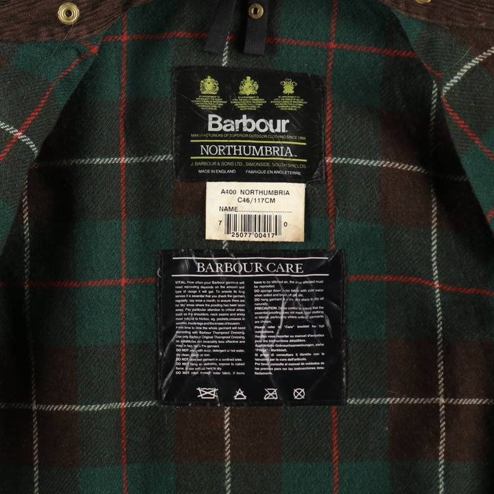 90'S Barbour Northumbria Old 3 Warrant Waxed Cotton Oiled Jacket Made in England C46 Men's XL equivalent /eaa502892