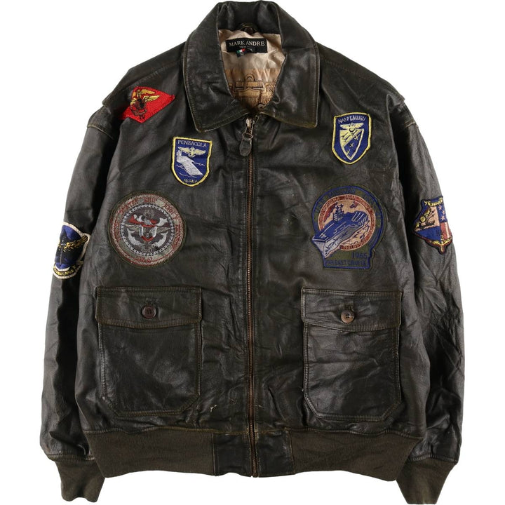 MARK ANDRE Custom Leather Flight Jacket with Patches, Men's XXL Size / eaa504431