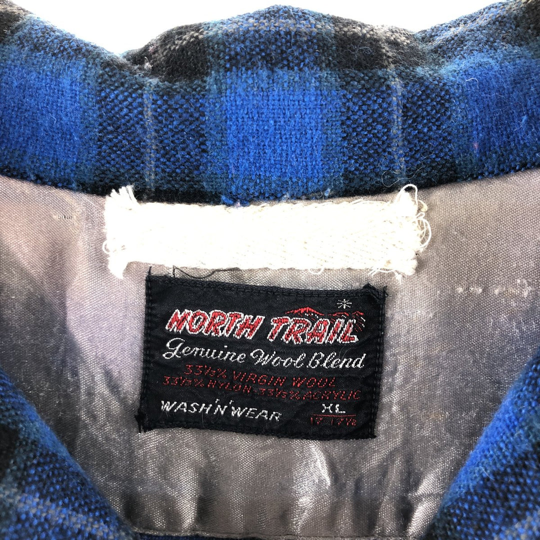 ~70'S NORTH TRAIL Check Pattern Open Collar Wool Box Shirt Men's XL Vintage /eaa504506