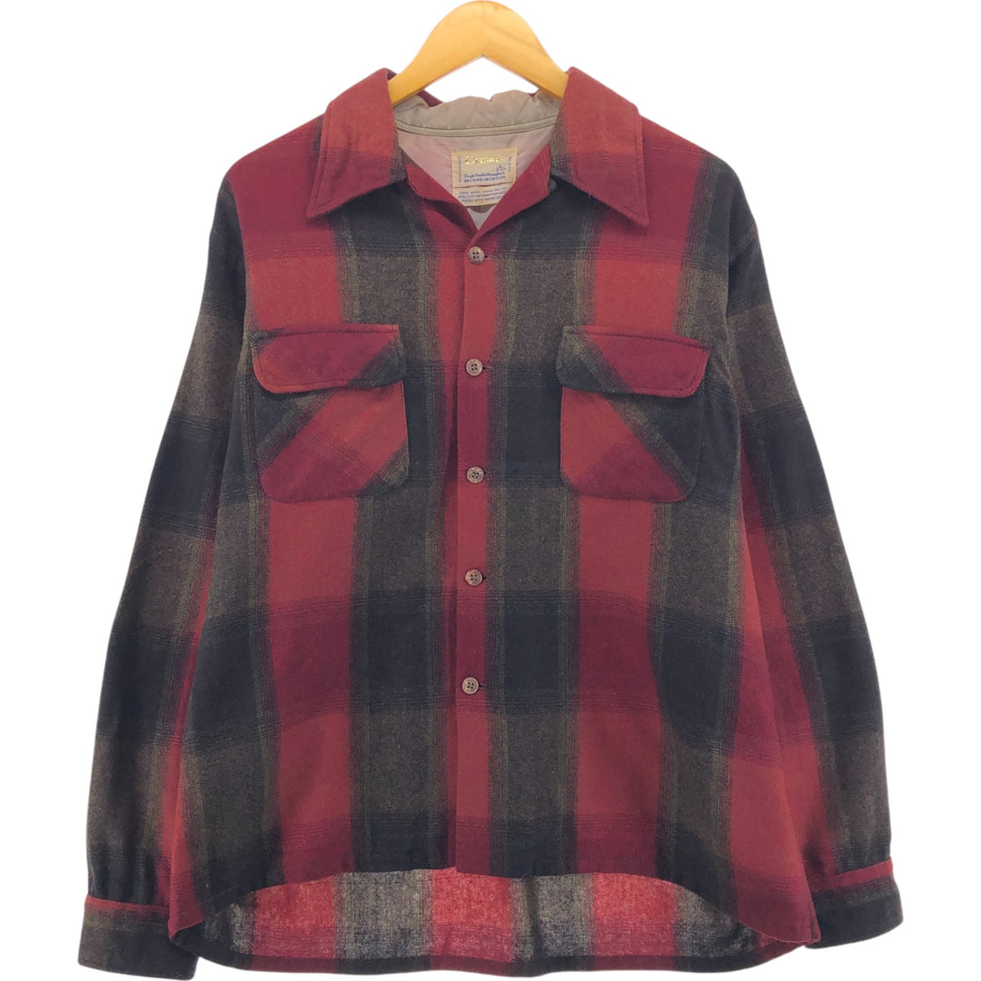 70'S CASCADE Check Pattern Open Collar Wool Shirt Men's Size L Vintage /eaa505779