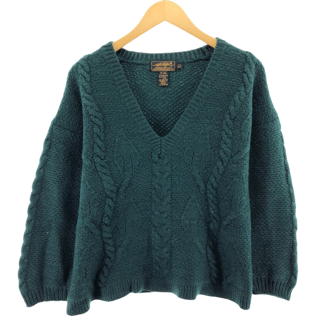 90'S LLBean Cable Knit V-Neck Wool x Cotton Knit Sweater Women's Size L Vintage /eaa506337