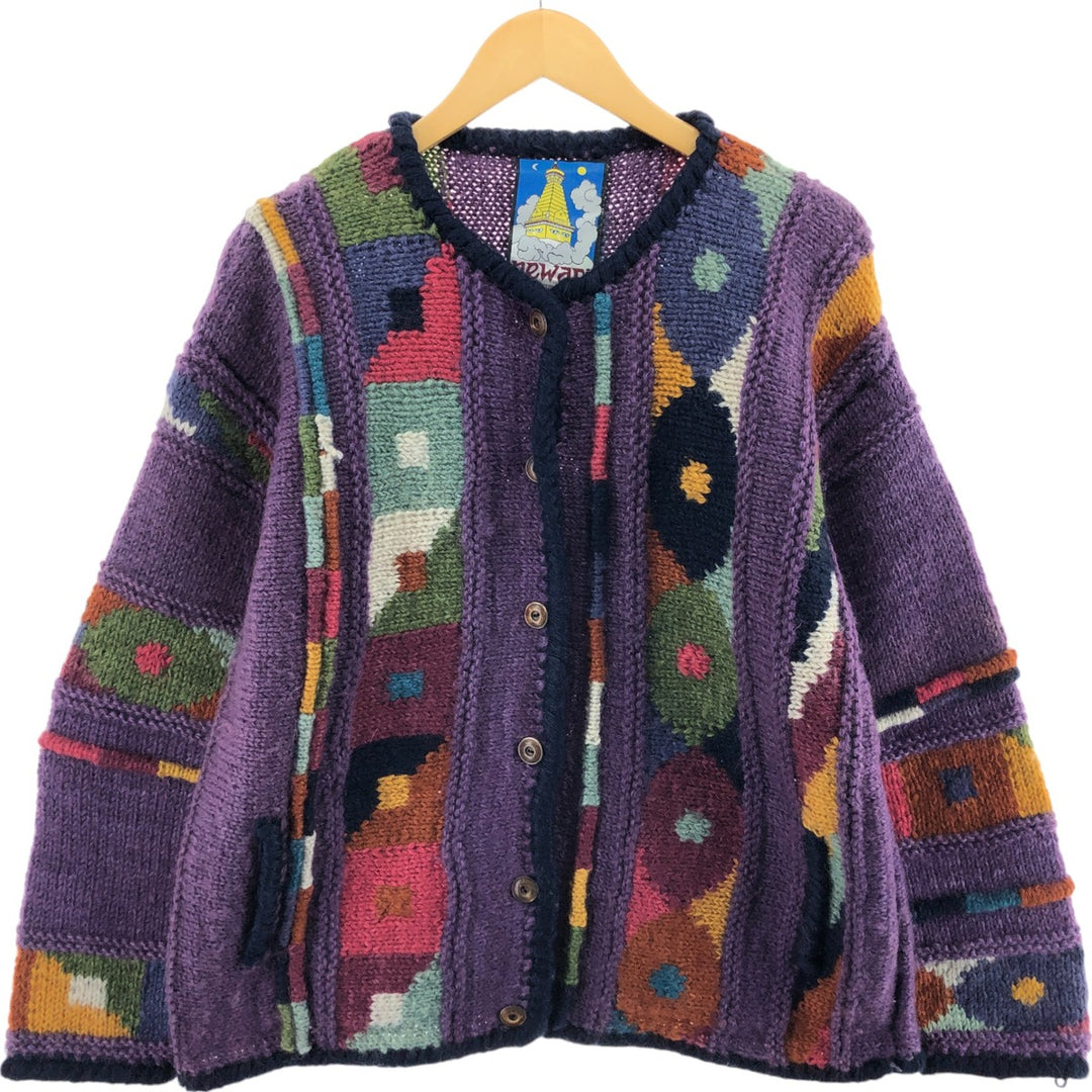 newari all-over print HAND KNIT hand-knitted wool cardigan made in Nepal, women's size L /eaa506353