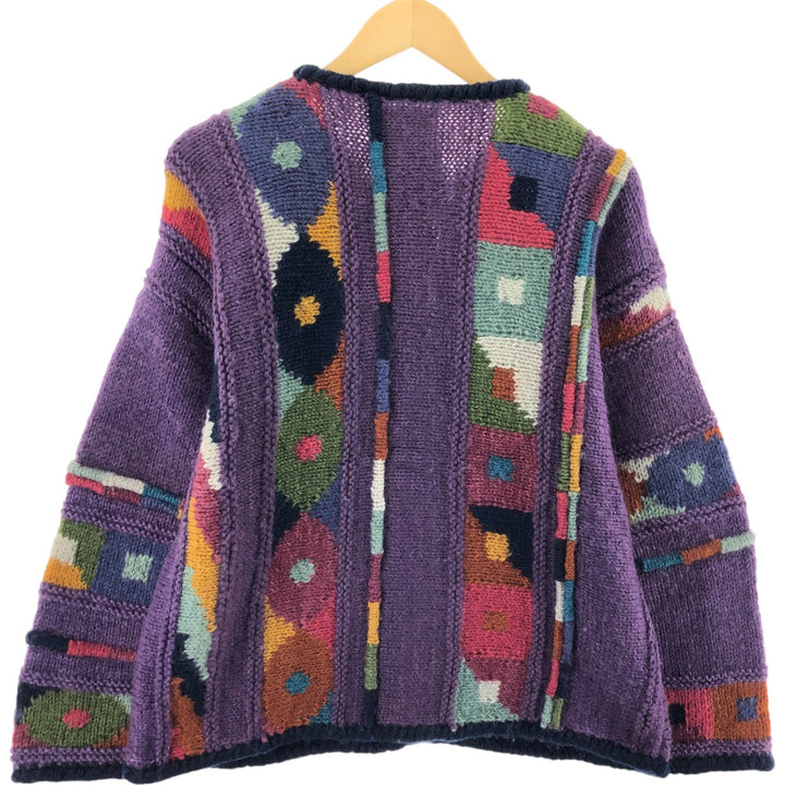 newari all-over print HAND KNIT hand-knitted wool cardigan made in Nepal, women's size L /eaa506353