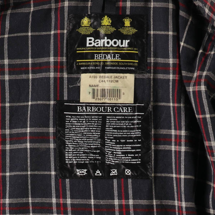 90'S Barbour Bedale Old 3 Warrant Waxed Cotton Oiled Jacket Made in the UK C44 Men's L Size Vintage cotton navy blue type Vintage Second Hand