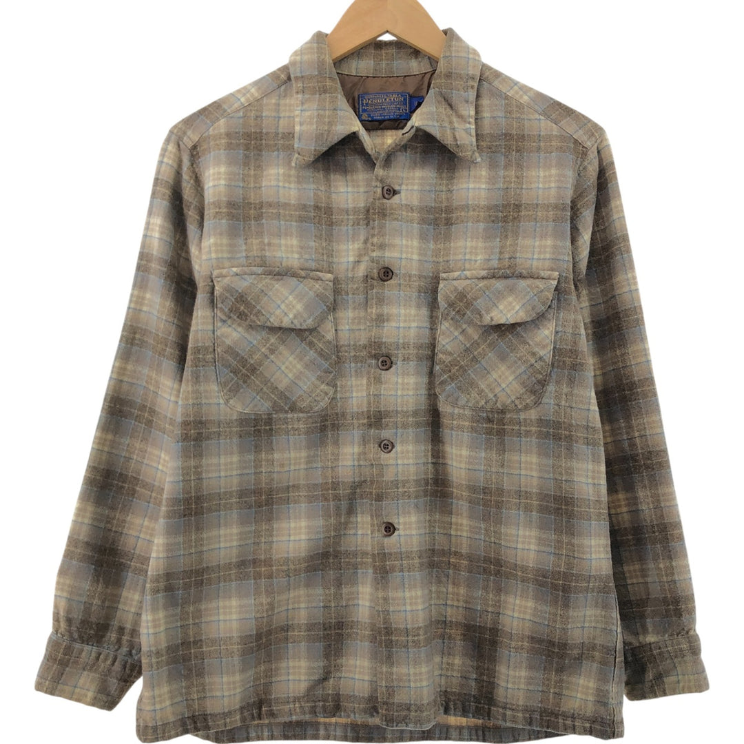 70's Pendleton Board Shirt Check Pattern Open Collar Wool Box Shirt Made in USA Men's L size /eaa507065