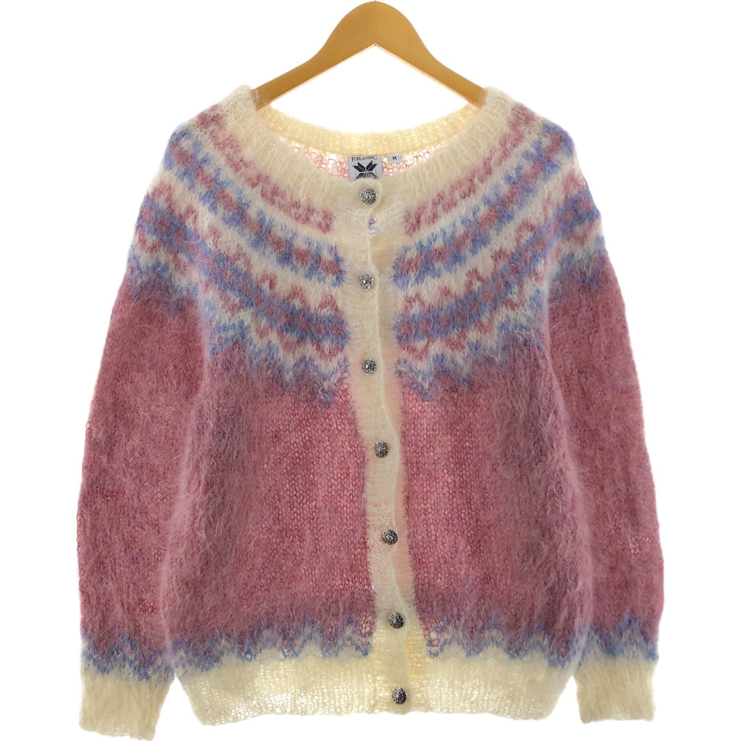 ICELANDIC DESIGN All-over Nordic Pattern HAND KNIT Mohair knit cardigan Women's M size /eaa508288