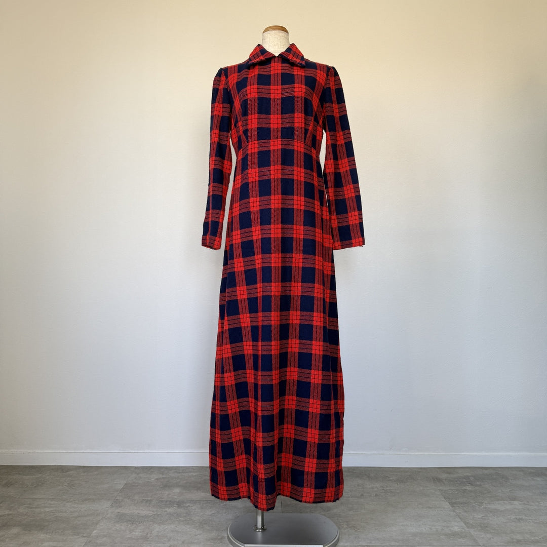 Vintage 70'S Lanz Check Pattern Collared Maxi Length Flared Dress Women's M Size / eaa508539