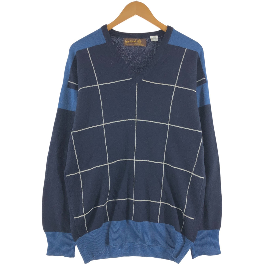 LYLE AND SCOTT all-over print V-neck lambswool knit sweater made in Scotland, size L for men / eaa510023