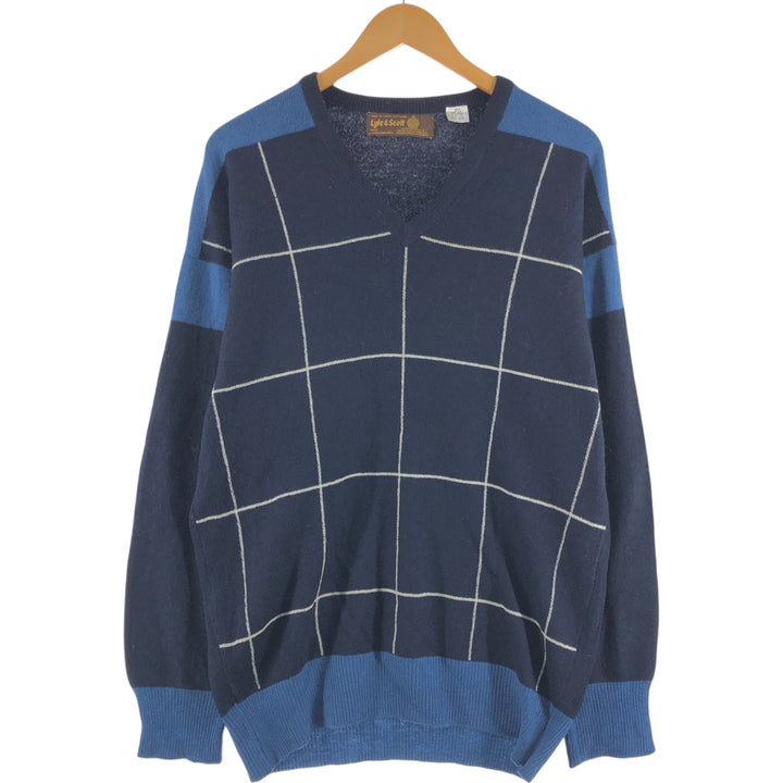LYLE AND SCOTT all-over print V-neck lambswool knit sweater made in Scotland, size L for men / eaa510023