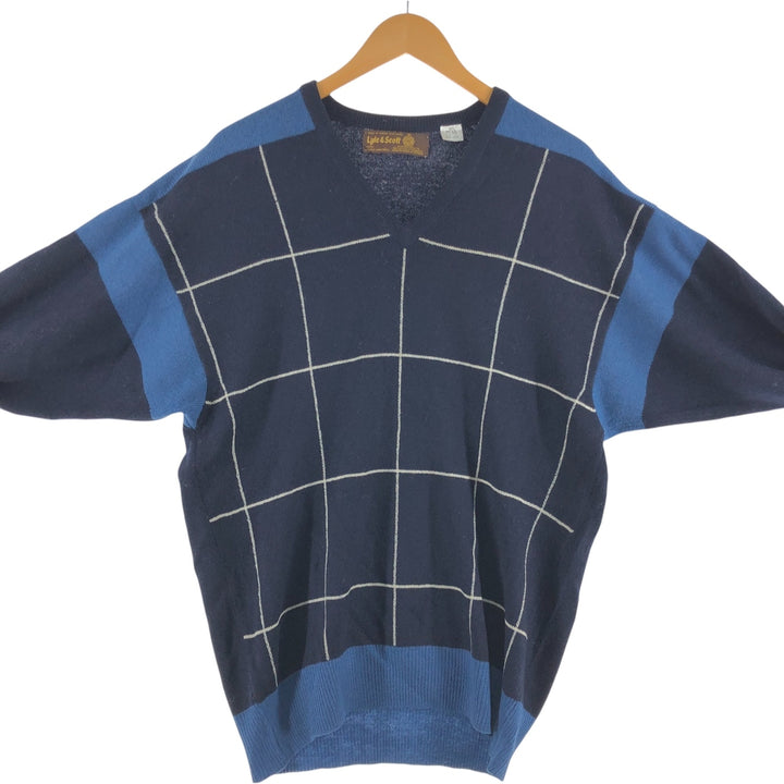 LYLE AND SCOTT all-over print V-neck lambswool knit sweater made in Scotland, size L for men / eaa510023
