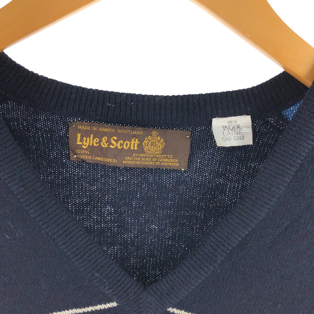 LYLE AND SCOTT all-over print V-neck lambswool knit sweater made in Scotland, size L for men / eaa510023