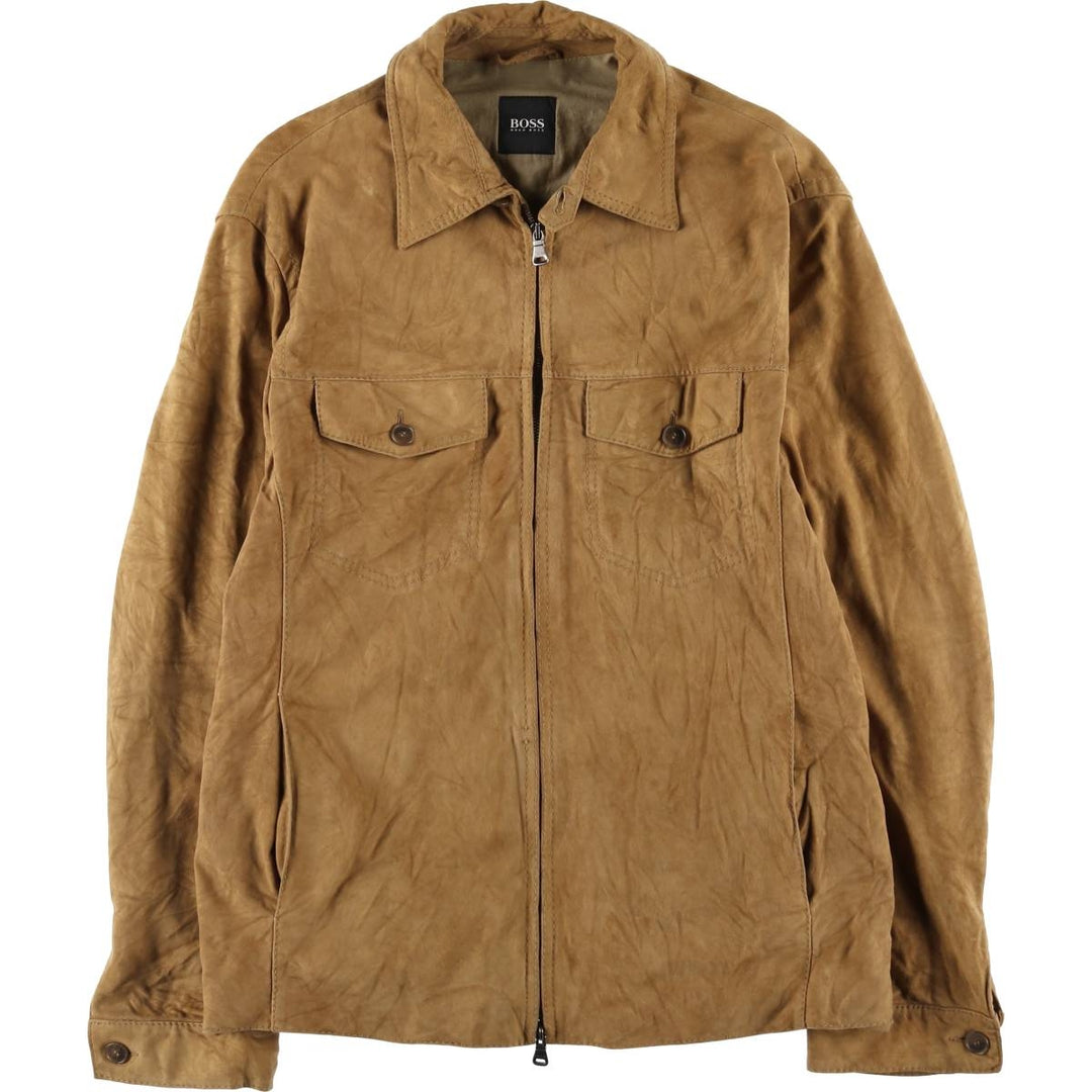 HUGO BOSS suede leather jacket, men's size L Genuine Leather Goatskin Camel type Vintage Second Hand