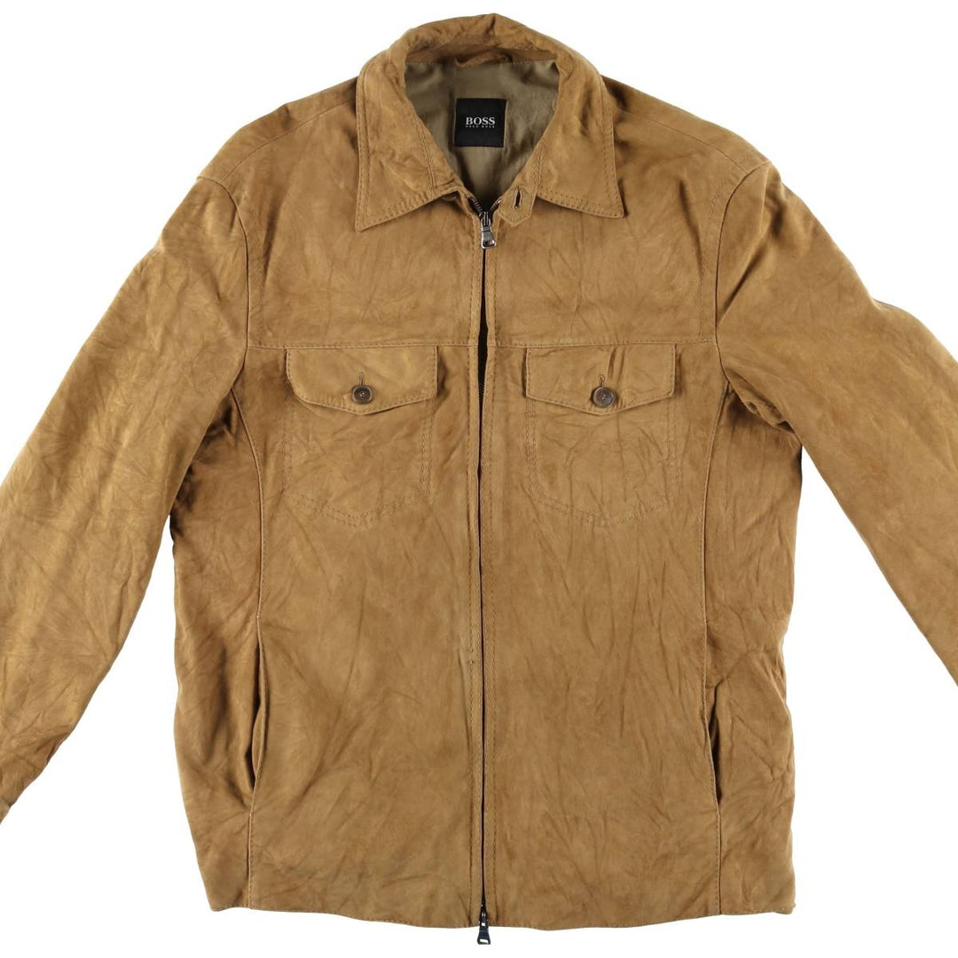HUGO BOSS suede leather jacket, men's size L Genuine Leather Goatskin Camel type Vintage Second Hand