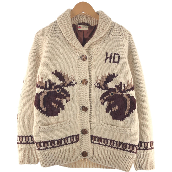 All-over reindeer pattern HAND MADE shawl collar wool knit cardigan, women's size L, vintage /eaa510924