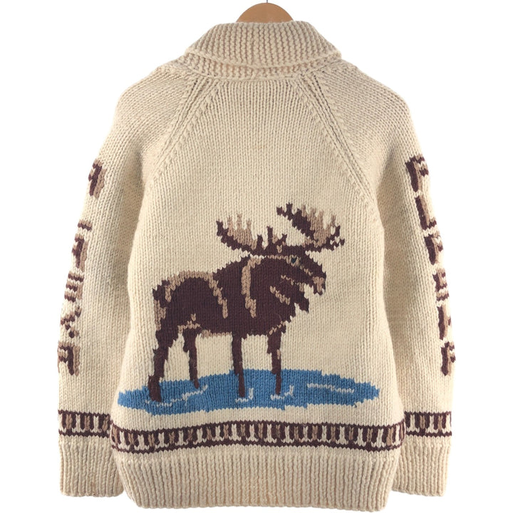 All-over reindeer pattern HAND MADE shawl collar wool knit cardigan, women's size L, vintage /eaa510924