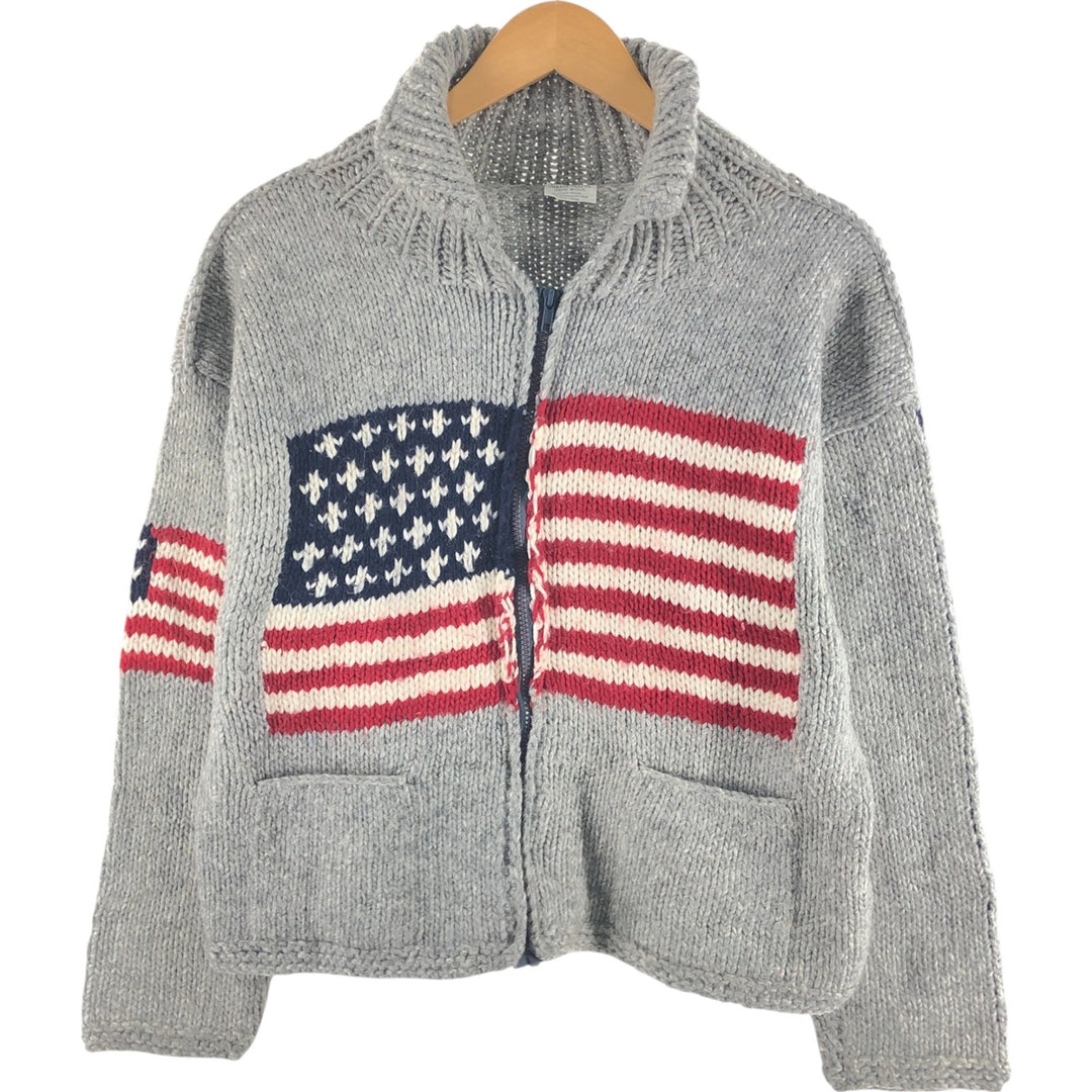 CORAZA CRAFTS Stars and Stripes Pattern HAND MADE Handmade Collared Wool Knit Full Zip Sweater Women's M Size /eaa510926