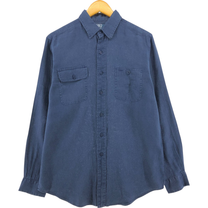 Ralph Lauren POLO RALPH LAUREN long-sleeved linen shirt, men's size M linen navy blue type Vintage Second Hand