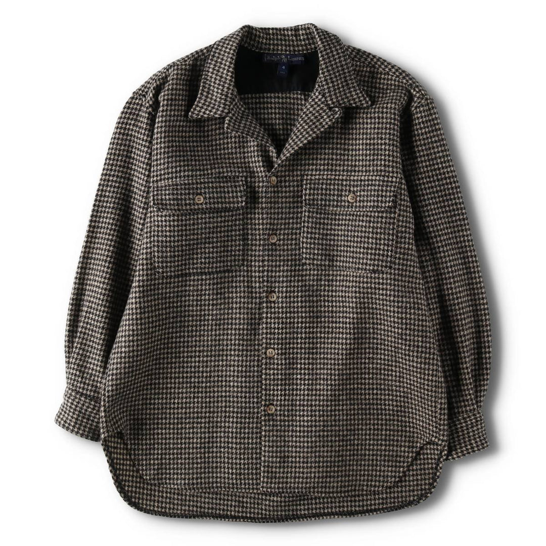 90'S Ralph Lauren Houndstooth Pattern Open Collar Long Sleeve Wool Shirt Made in USA Women's L Size Vintage /eaa514631