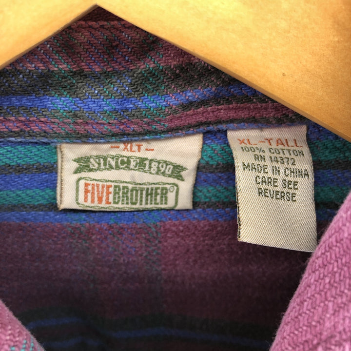 90'S Five Brother Long Sleeve Flannel Check Shirt Men's XL Vintage cotton purple type Vintage Second Hand
