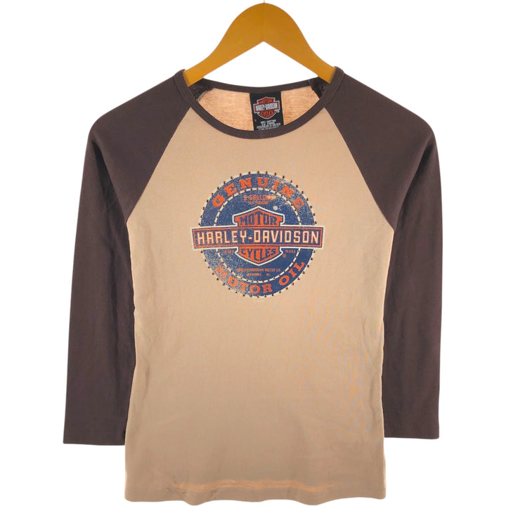 00'S Harley-Davidson 3/4 Sleeve Raglan T-Shirt for Women (S) cotton Beige type Vintage Second Hand