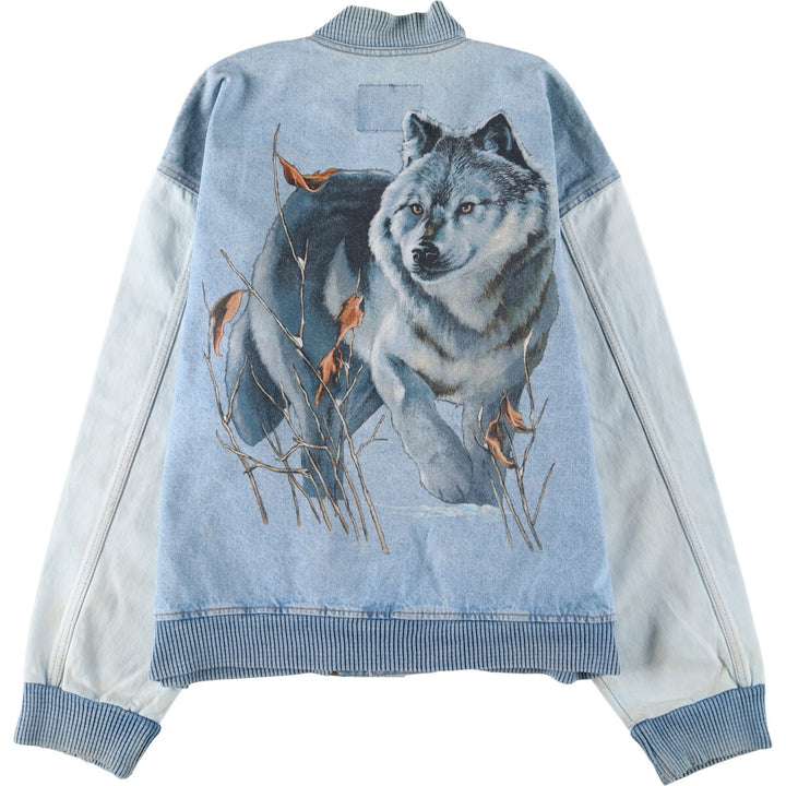 90'S International Denim Back Print Wolf Pattern Denim Varsity Jacket Made in Canada Men's M size /eaa515866
