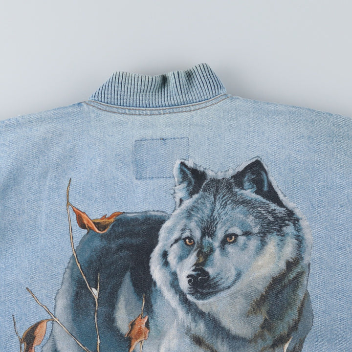90'S International Denim Back Print Wolf Pattern Denim Varsity Jacket Made in Canada Men's M size /eaa515866