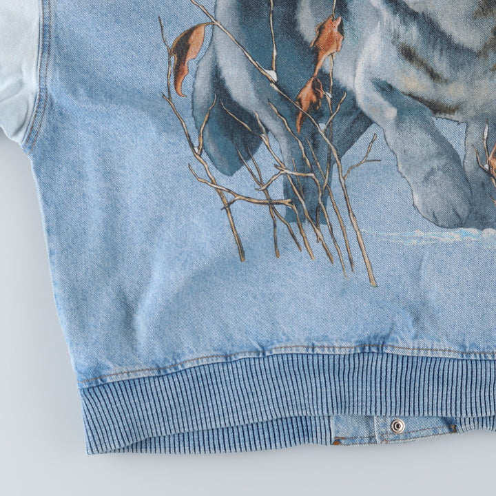 90'S International Denim Back Print Wolf Pattern Denim Varsity Jacket Made in Canada Men's M size /eaa515866