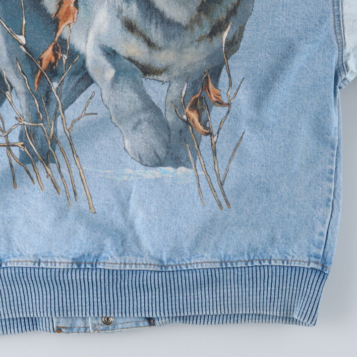 90'S International Denim Back Print Wolf Pattern Denim Varsity Jacket Made in Canada Men's M size /eaa515866