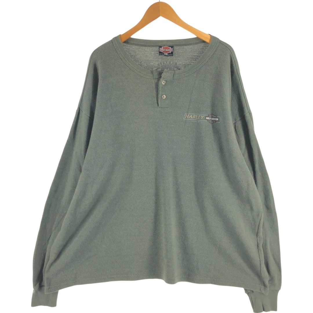 Harley-Davidson Henley Neck Thermal Long Tee Honeycomb Made in USA Men's XXL cotton Khaki type Vintage Second Hand