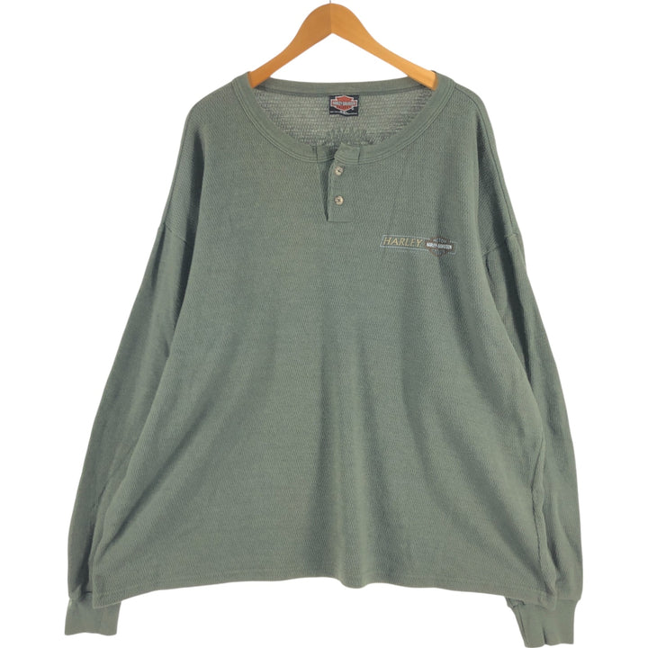 Harley-Davidson Henley Neck Thermal Long Tee Honeycomb Made in USA Men's XXL cotton Khaki type Vintage Second Hand