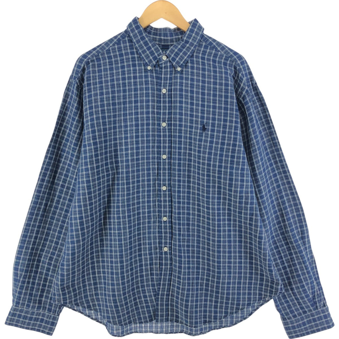Ralph Lauren Classic Fit Long Sleeve Button Down Check Shirt Men's XXL linen blue type Vintage Second Hand
