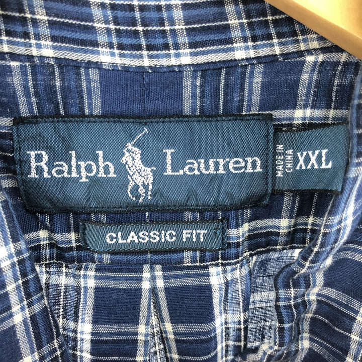 Ralph Lauren Classic Fit Long Sleeve Button Down Check Shirt Men's XXL linen blue type Vintage Second Hand
