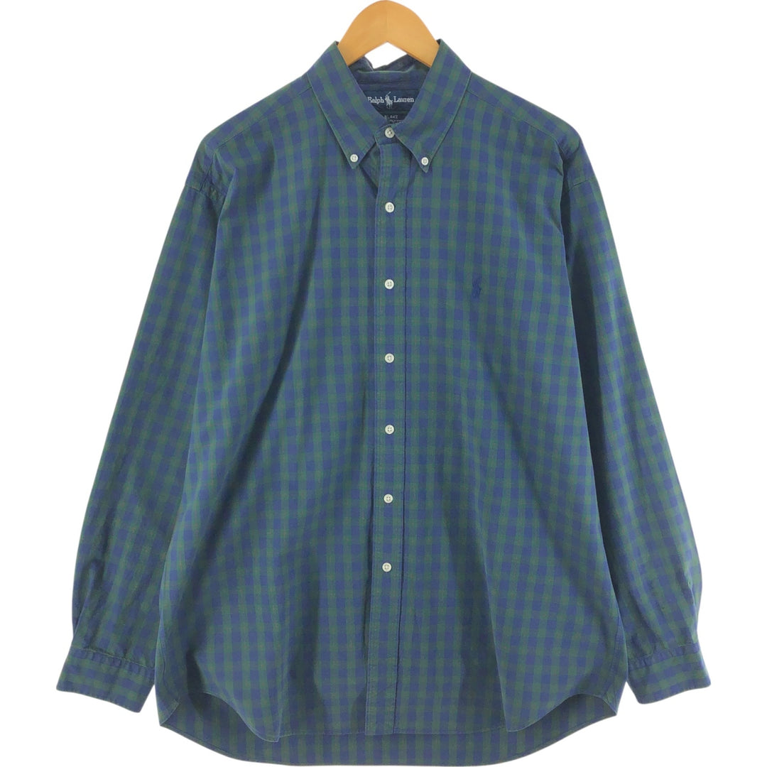 Ralph Lauren BLAKE long sleeve button down check shirt, men's size L cotton navy blue type Vintage Second Hand