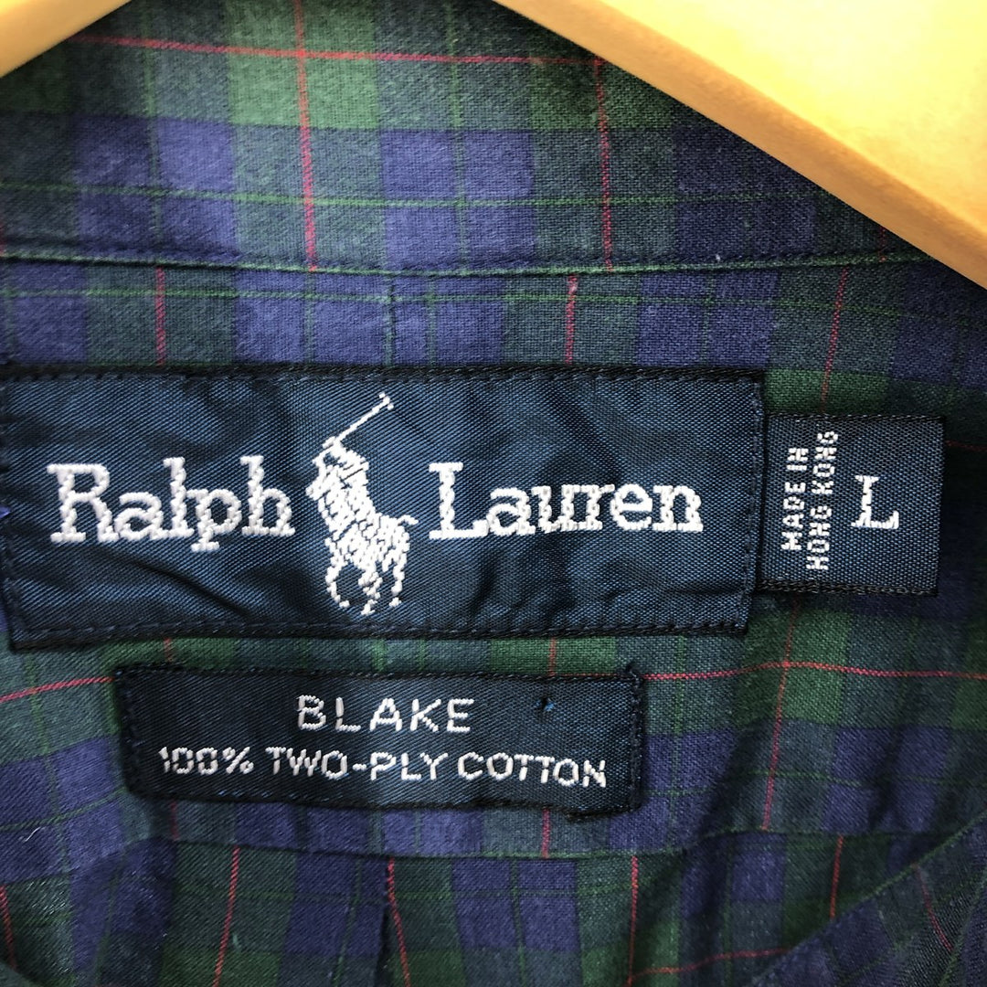 Ralph Lauren BLAKE long sleeve button down check shirt, men's size L cotton navy blue type Vintage Second Hand