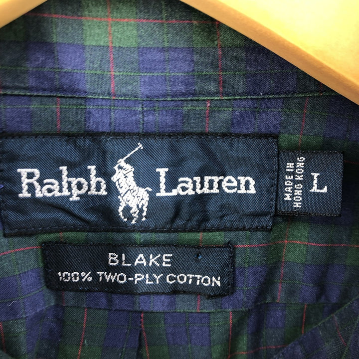 Ralph Lauren BLAKE long sleeve button down check shirt, men's size L cotton navy blue type Vintage Second Hand