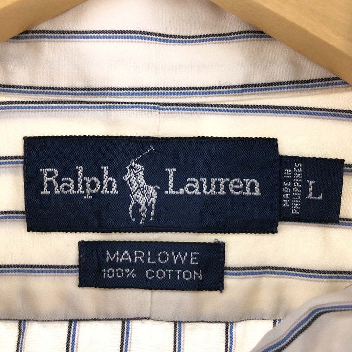 Ralph Lauren MARLOWE long-sleeved button-down striped shirt, men's size L cotton blue type Vintage Second Hand
