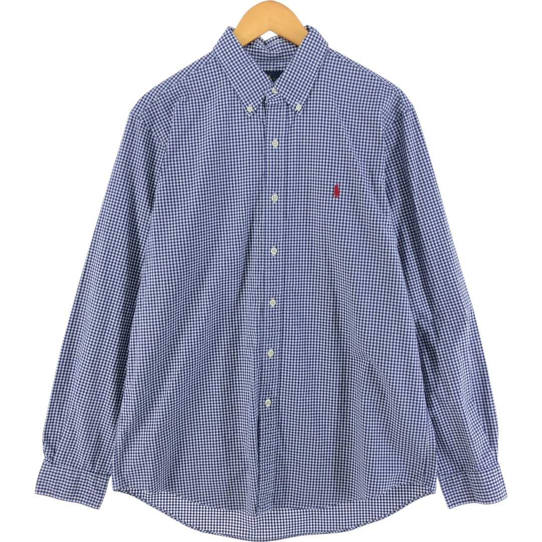 Ralph Lauren Gingham Check Long Sleeve Button-Down Check Shirt, Men's Size L cotton navy blue type Vintage Second Hand