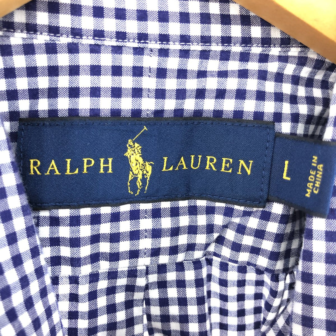 Ralph Lauren Gingham Check Long Sleeve Button-Down Check Shirt, Men's Size L cotton navy blue type Vintage Second Hand