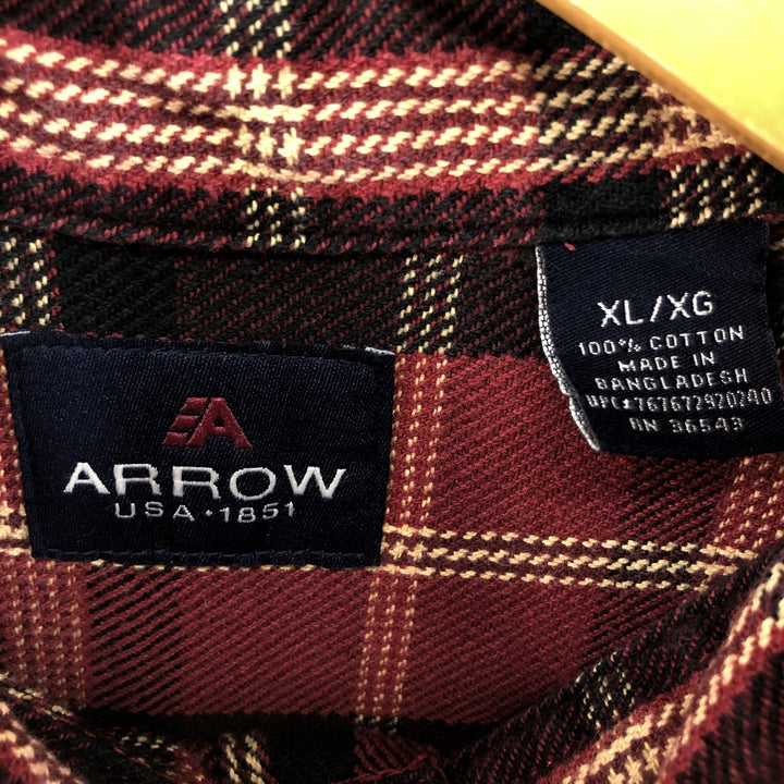 Arrow Long Sleeve Button-Down Heavy Flannel Check Shirt, Men's Size XL cotton burgundy type Vintage Second Hand