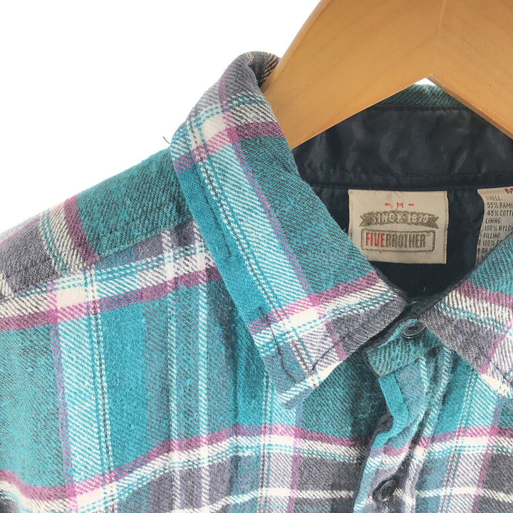 90'S Five Brother Ramie x Cotton Padded Long Sleeve Heavy Flannel Check Shirt Men's Medium Vintage Lamy Emerald green Vintage Second Hand